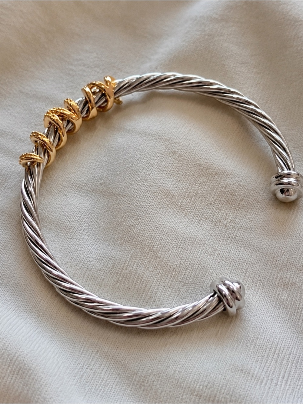 Two-Tone Twisted Cable Cuff Bracelet - Silver and Gold